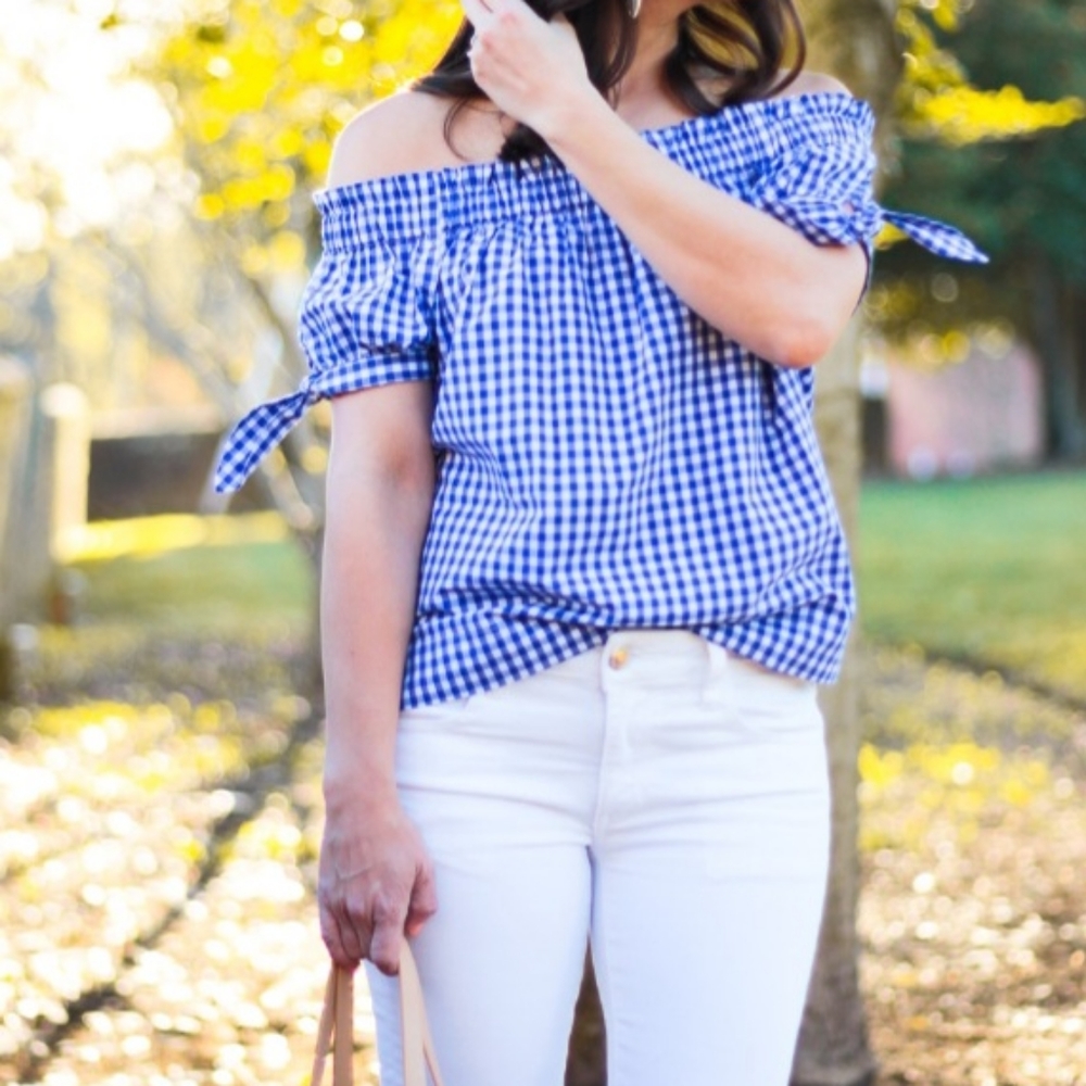 J. Crew Gingham Checked Tie Sleeve Off Shoulder Blouse Top Size 10 NEW NWT